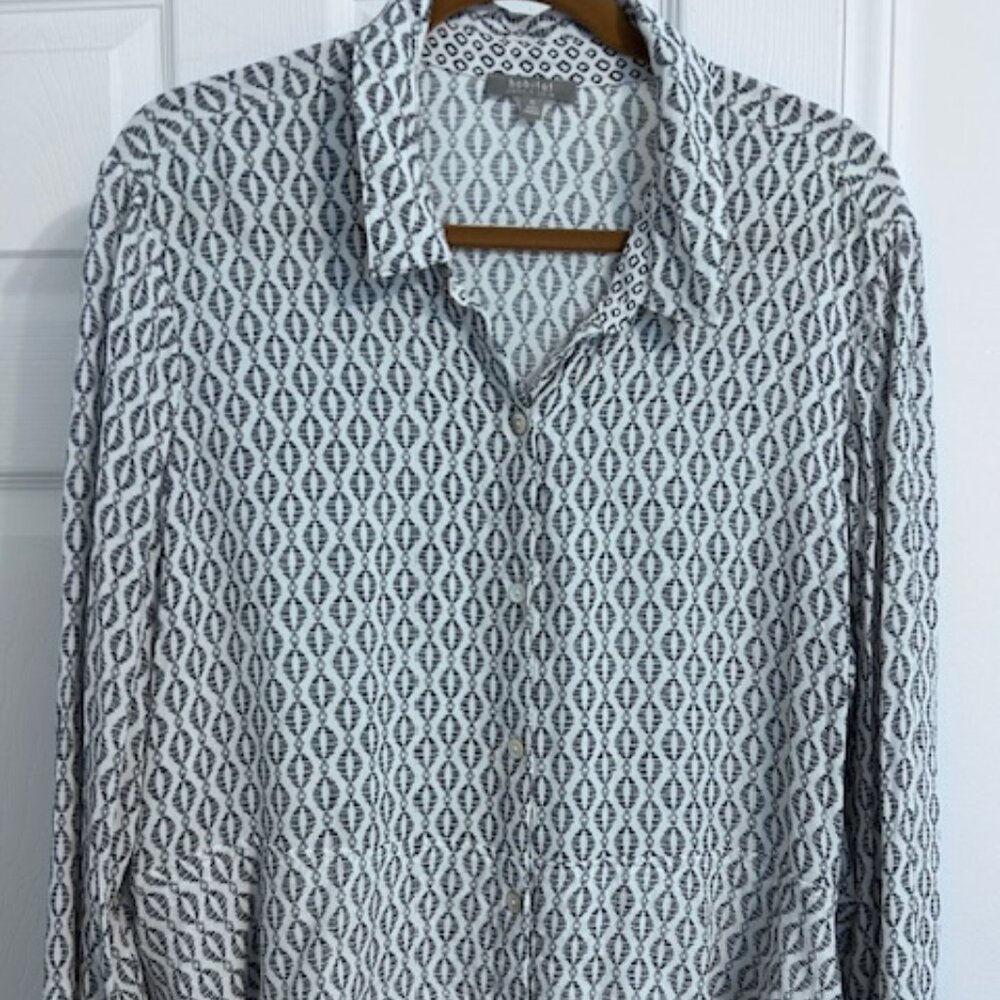 Habitat Clothes to Live In Button Up Flowing Blouse 33720 Navy White 3/4 Sleeve